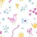 Birds with music notes and love letters and crown watercolor painting - hand drawn seamless pattern on white Royalty Free Stock Photo