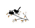 Birds in nest on branch on tree in autumn, vector. Cute birds silhouettes in love. Tree illustration in spring. Cartoon artwork Royalty Free Stock Photo