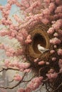 birds nest with eggs in blossoming tree