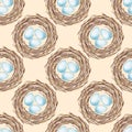 Birds nest with eggs. Seamless pattern