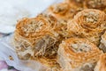 Birds nest knafeh kunafa arabic arab sweet dessert food at a street food market. Royalty Free Stock Photo