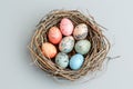 A birds nest with pastel Easter eggs, each uniquely painted with unique pattern on a solid background Royalty Free Stock Photo