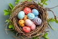 A birds nest with pastel Easter eggs, each uniquely painted with unique pattern on a solid background Royalty Free Stock Photo