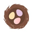 Birds nest with three eggs inside. isolated vector icon