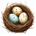 Birds Nest with Three Spotted Eggs on White Background Artwork Royalty Free Stock Photo