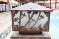 Birds nest tucked against a stucco wall behind a black metal and glass lantern lamp