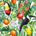 Birds, Palm leaves, pomegranate fruit and flowers, tropical background, watercolor jungle. Floral Seamless pattern Royalty Free Stock Photo