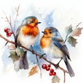 Birds perched on snowy branches, surrounded by the enchanting ambiance of Christmas. Generative AI