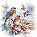 Birds perched on snowy branches, surrounded by the enchanting ambiance of Christmas. Generative AI