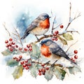 Birds perched on snowy branches, surrounded by the enchanting ambiance of Christmas. Generative AI