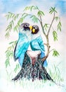 Birds Perched on Tree Stump - Original Watercolor Painting