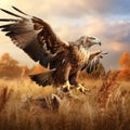 Birds of prey on the meadow with autumn forest in the Steppe Aquila sitting in the grass on