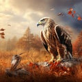 Birds of prey on the meadow with autumn forest in the Steppe Aquila sitting in the grass on Royalty Free Stock Photo