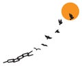 Birds released from chain on sunset / sunrise, vector. Flying birds silhouettes illustration. Scandinavian minimalist design Royalty Free Stock Photo