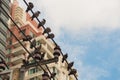 Pigeons on the electric pole in the big city. Royalty Free Stock Photo