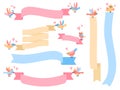 Birds with ribbon. Cute little flying birds holding ribbon banners, hand drawn birds with banners vector illustration