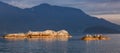 Birds on a rocky island in Howe Sound. Cloudy Sunset. West Coast Pacific Ocean Royalty Free Stock Photo