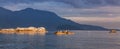 Birds on a rocky island in Howe Sound. Cloudy Sunset. West Coast Pacific Ocean Royalty Free Stock Photo