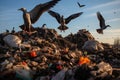 Birds scavenge an overflowing dumpsite, revealing the dire impact of poorly managed waste on the environment.