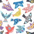 Birds seamless pattern. Ethnic folk abstract flying bird wallpaper. Decorative flat dove or seagull, scandinavian floral