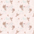 Birds seamless repeating tile pattern on beige cream background. Flowers and leaves