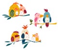 Birds in love. Cartoon tropical parrots sitting on a tree branch. Royalty Free Stock Photo