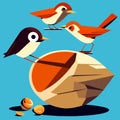 birds on the shell of an oyster. vector illustration in flat style generative AI