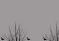 Birds silhouettes against bare dead leafless branches of tree crowns and clear sky. Illustration in grey. Gloomy sad mood.