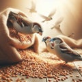 Birds sitting on a bag of wheat.
