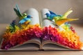 Birds sitting on a book with colorful flowers on wooden background