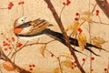 Birds are sitting on the branches with red berries. Handmade vintage design