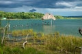 Birds sitting in front of dock along the lake shore with birds, El Remate, Peten, Guatemala