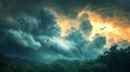 Birds Soaring Through Dramatic Storm Clouds Over Lush Jungle Royalty Free Stock Photo