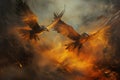 Birds soaring through the smoky sky, trying to escape the approaching fire