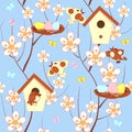 Birds and spring flowering branches seamless