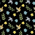 Birds, spring flowers and plants watercolor seamless pattern. Hand painted illustration on a black background.