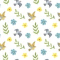 Birds, spring flowers and plants watercolor seamless pattern. Hand painted illustration on a white background. Royalty Free Stock Photo