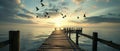 Birds and Sunset, Pier View Wallpaper, Illustration, Generative AI Royalty Free Stock Photo