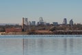 Birds swimming on White Rock Lake with Dallas skyline