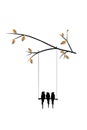 Autumn branch illustration three birds on a swing, vector. Branch isolated on white background. Minimalist art design