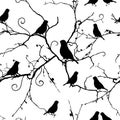 Birds on swirling branches seamless vector pattern Royalty Free Stock Photo