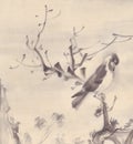 Birds on a tree autumn landscape ink painting