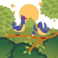 Birds on a tree brunch vector illustration, cute birdie family cartoon characters between green leaves and yellow