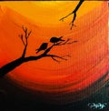 Birds on tree in sunset, painting, oil painting on canvas Royalty Free Stock Photo