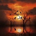 birds on tree sunset view generated by AI tool Royalty Free Stock Photo