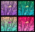 Pattern of trees and birds in four different colors