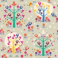 Birds in the trees cartoon nature forest retro seamless pattern Royalty Free Stock Photo