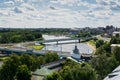 Birds view of bridges across the Volga river and city panorama of Yaroslavl