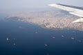 Birds view of cargo ships and Istanbul, Turkey