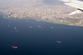 Birds view of cargo ships and Istanbul, Turkey